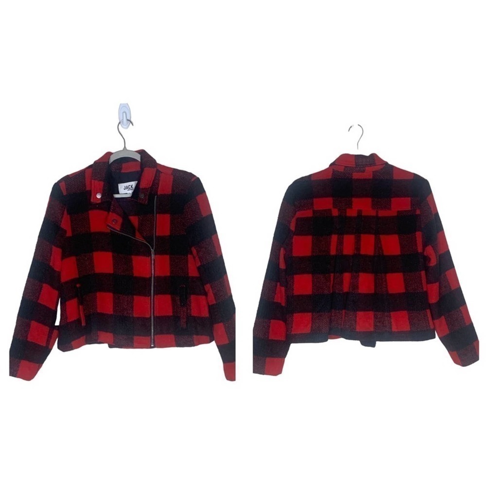 Jack by BB Dakota Red Black Plaid Wool Moto Jacket Size Large